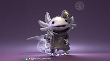 Steampunk Axolotl Miniature | Tabletop RPG Miniature | Pepunki Creatures | Roleplaying 3D Printed Fantasy Mini - 3DPrintDen