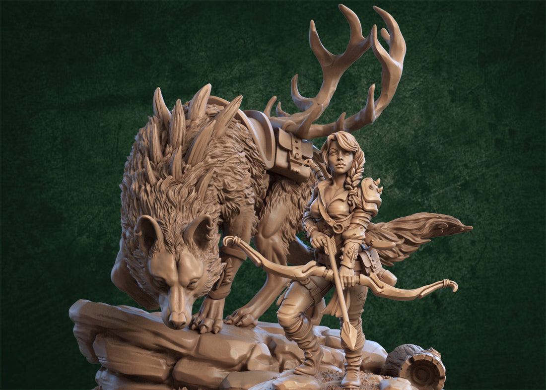 Female Elf Ranger Rider Grimpaw (Direwolf) Miniature, Lila | Tabletop RPG Miniature | Dragon Trappers Lodge | Roleplaying 3D Printed Fantasy - 3DPrintDen