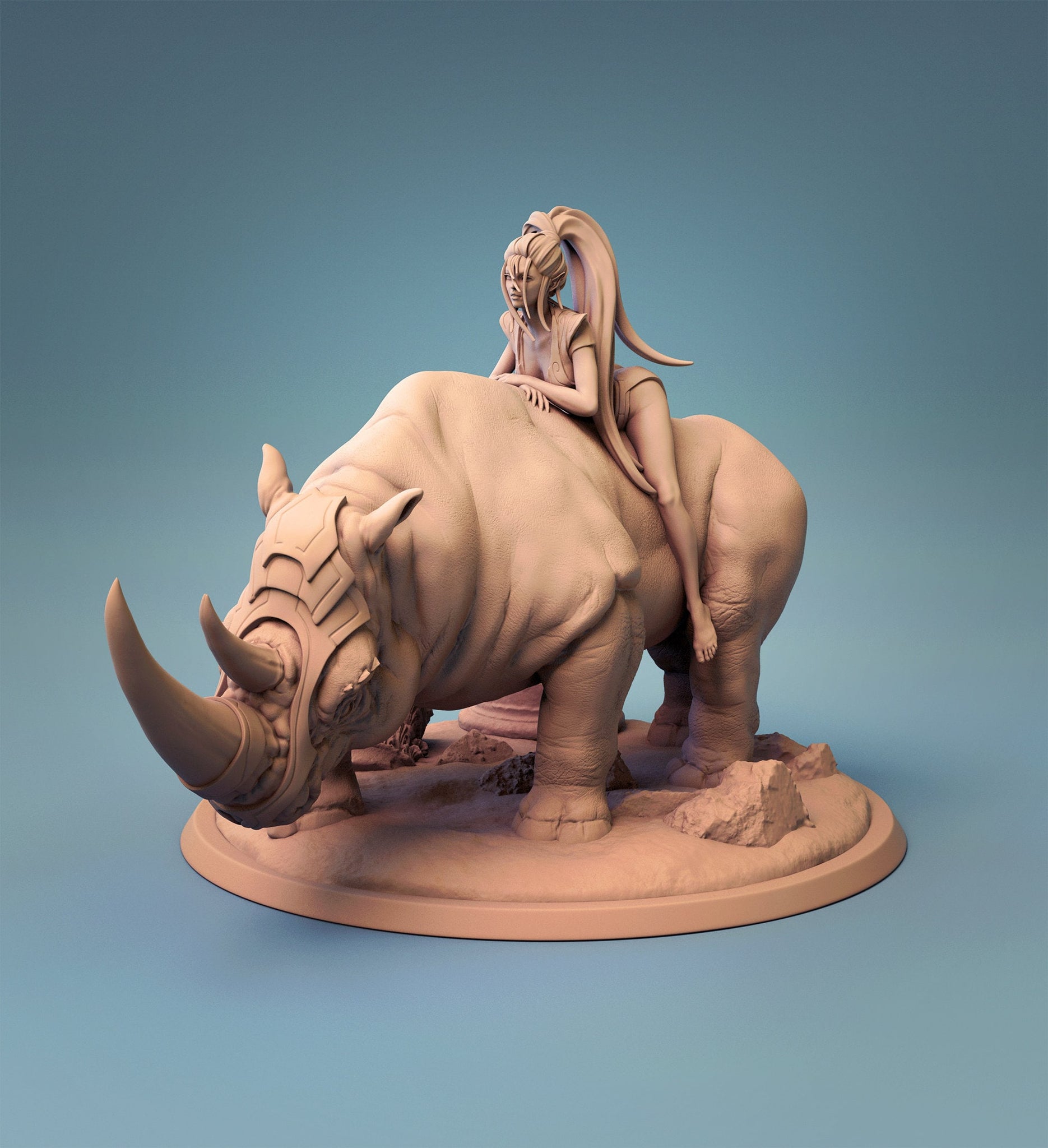 Rhinoceros Rider Miniature | Tabletop RPG Miniature | Rescale Miniature | Roleplaying 3D Printed Fantasy Mini - 3DPrintDen