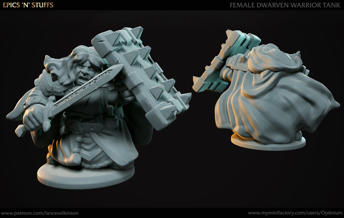 Dwarven Female Tank | Tabletop RPG Miniature | Epic 'N' Stuff | Roleplaying 3D Printed Fantasy Mini - 3DPrintDen