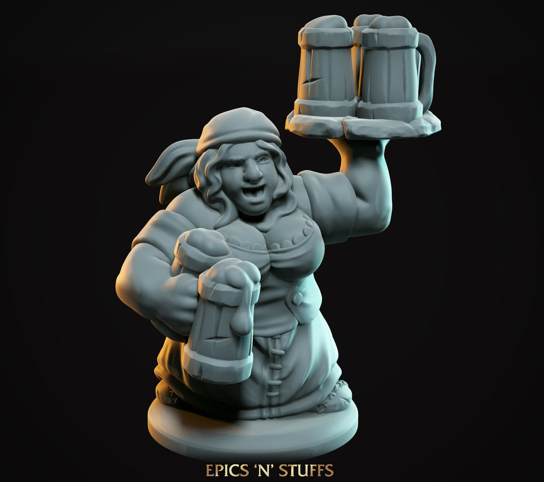 Dwarven Female Bartender | Tabletop RPG Miniature | Epic 'N' Stuff | Roleplaying 3D Printed Fantasy Mini - 3DPrintDen