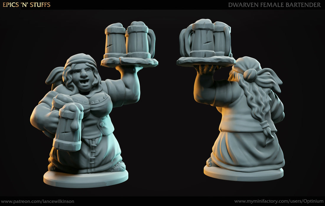 Dwarven Female Bartender | Tabletop RPG Miniature | Epic 'N' Stuff | Roleplaying 3D Printed Fantasy Mini - 3DPrintDen