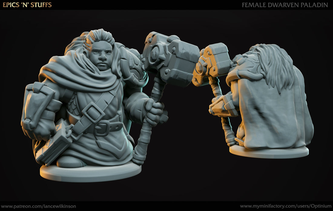 Dwarven Female Paladin | Tabletop RPG Miniature | Epic 'N' Stuff | Roleplaying 3D Printed Fantasy Mini - 3DPrintDen