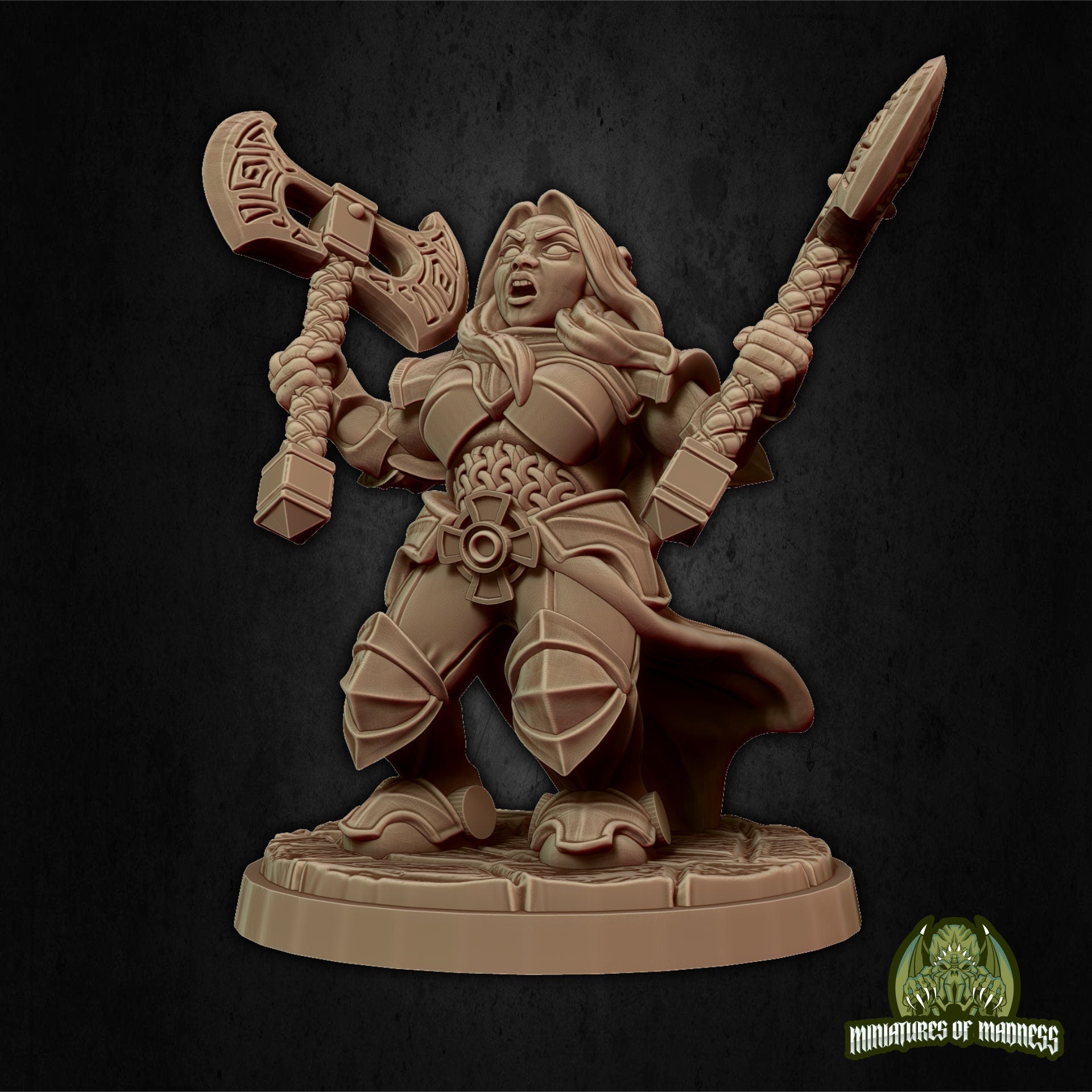 Female Dwarf Warrior Miniature, Ignes the Assoult | Tabletop RPG Miniature | Miniatures of Madness | Roleplaying 3D Printed Fantasy Mini - 3DPrintDen