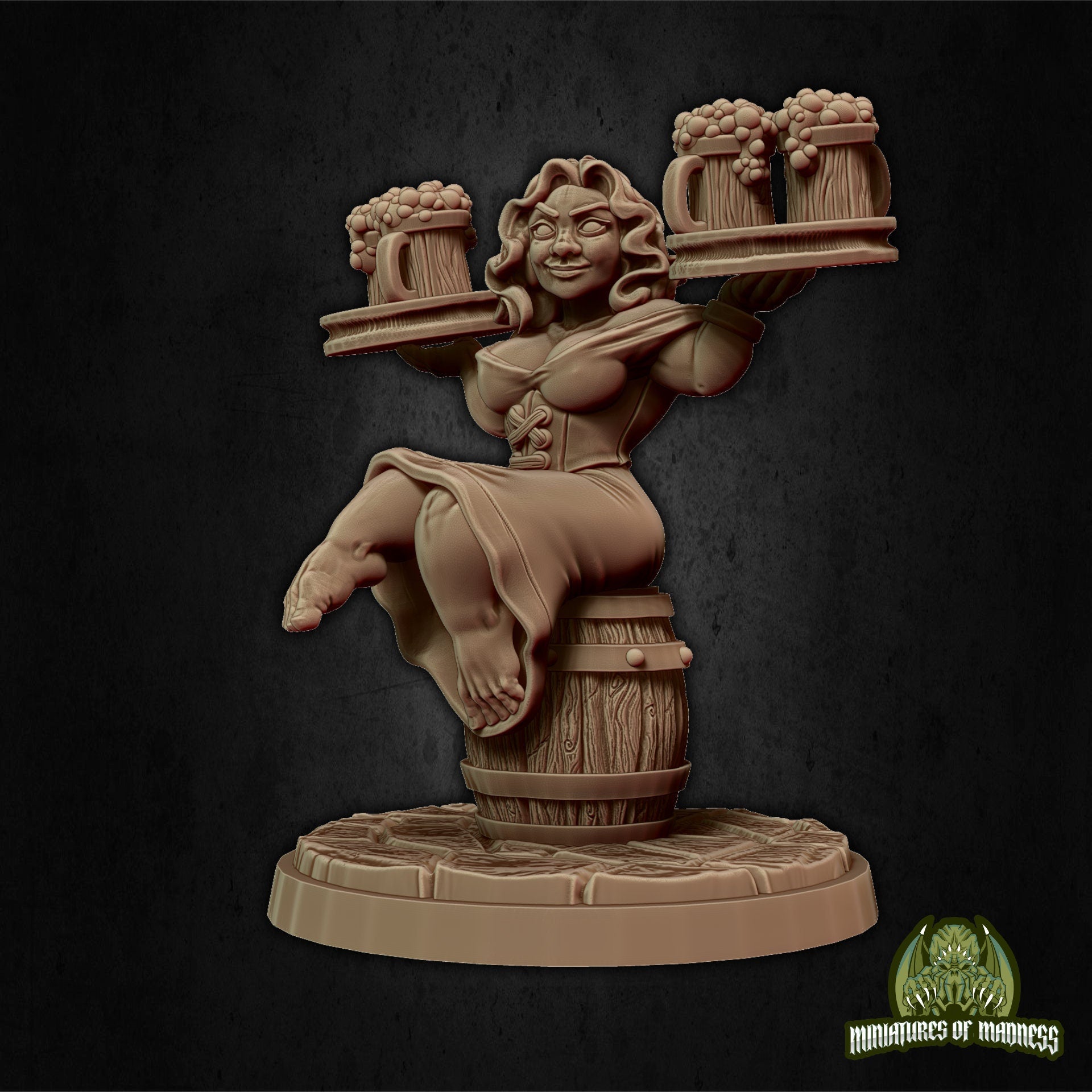 Dwarf Barmaid Miniature, Dorella Breakheart | Tabletop RPG Miniature | Miniatures of Madness | Roleplaying 3D Printed Fantasy Mini - 3DPrintDen