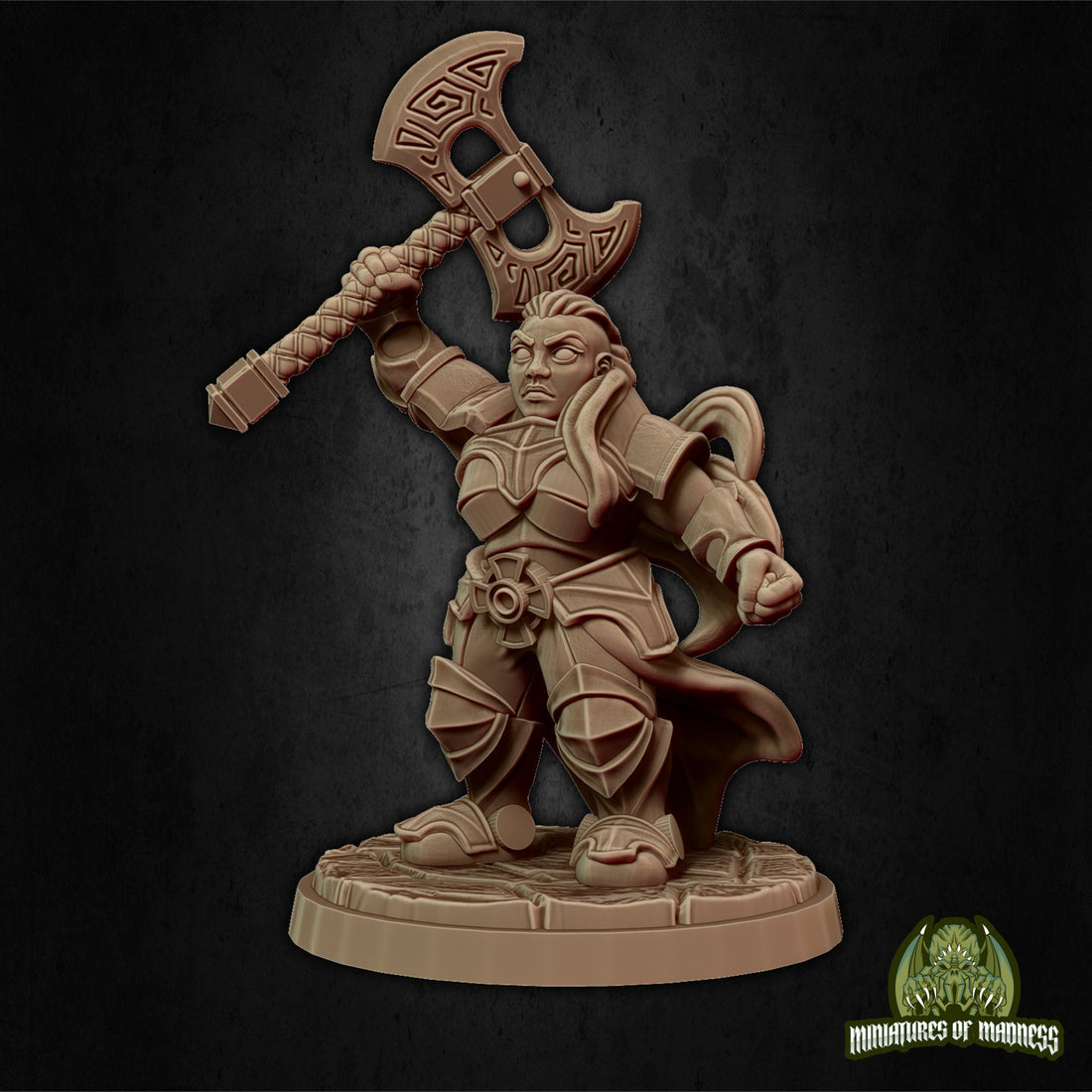 Female Dwarf Warrior Miniature, Rilonna Ironmind | Tabletop RPG Miniature | Miniatures of Madness | Roleplaying 3D Printed Fantasy Mini - 3DPrintDen