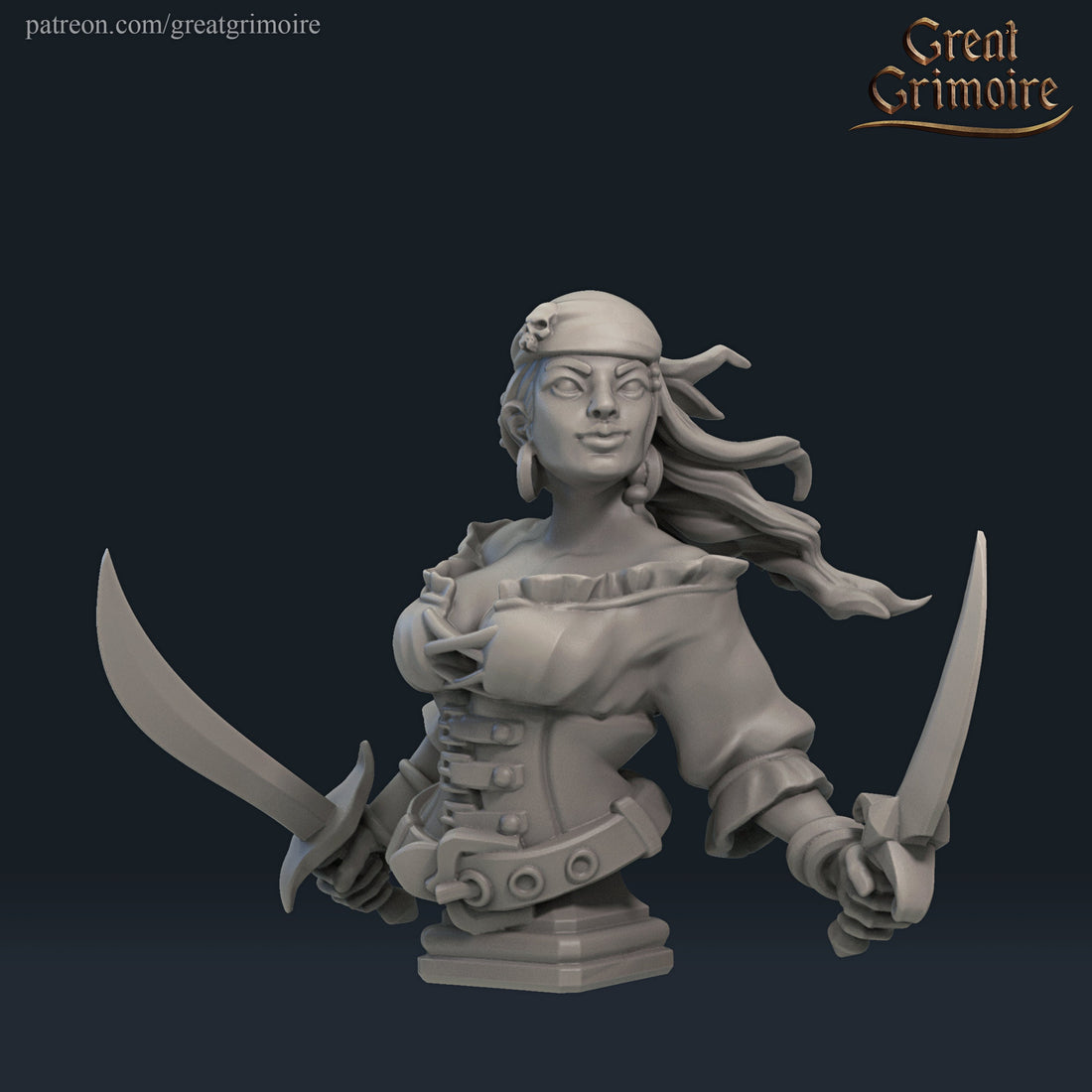 Female Pirate Bust, Adrie | Tabletop RPG Miniature | Great Grimoire | Roleplaying 3D Printed Fantasy Mini - 3DPrintDen