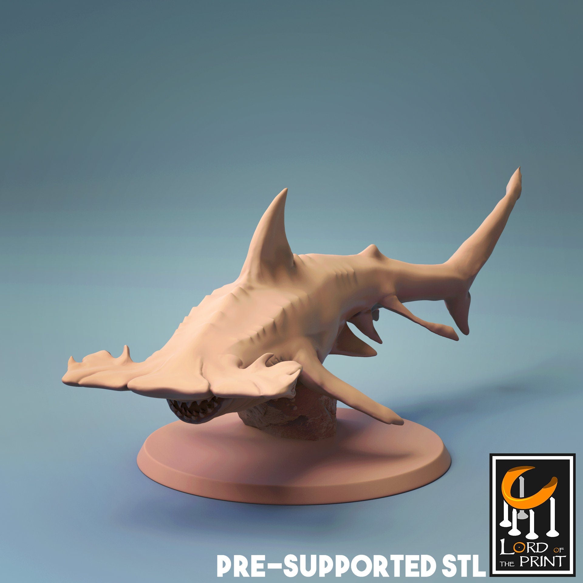 Hammerhead Shark Miniature | Tabletop RPG Miniature | Rescale Miniature | Roleplaying 3D Printed Fantasy Mini - 3DPrintDen