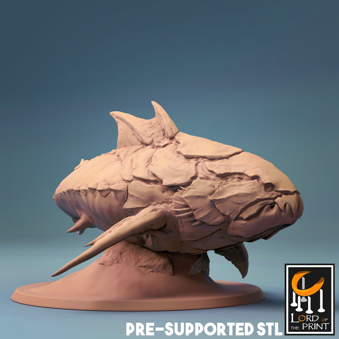 Giant Fish Miniature, Dunkleosaurus | Tabletop RPG Miniature | Rescale Miniature | Roleplaying 3D Printed Fantasy Mini - 3DPrintDen