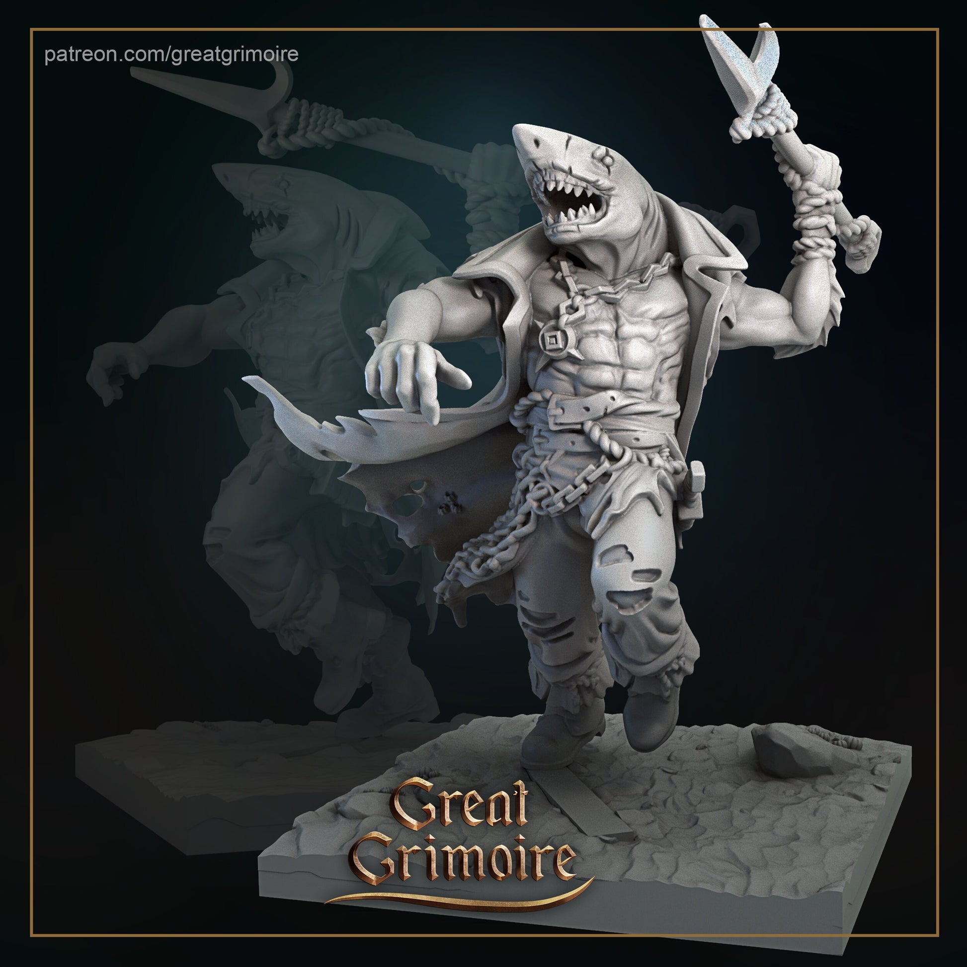 Sharkman Captain Miniature | Tabletop RPG Miniature | Great Grimoire | Roleplaying 3D Printed Fantasy Mini - 3DPrintDen