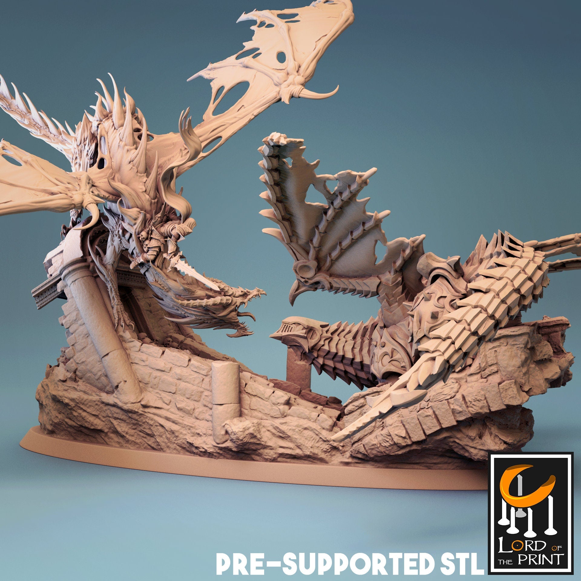 Armored VS Cursed Battle Dragon Miniature | Tabletop RPG Miniature | Rescale Miniature | Roleplaying 3D Printed Fantasy Mini - 3DPrintDen