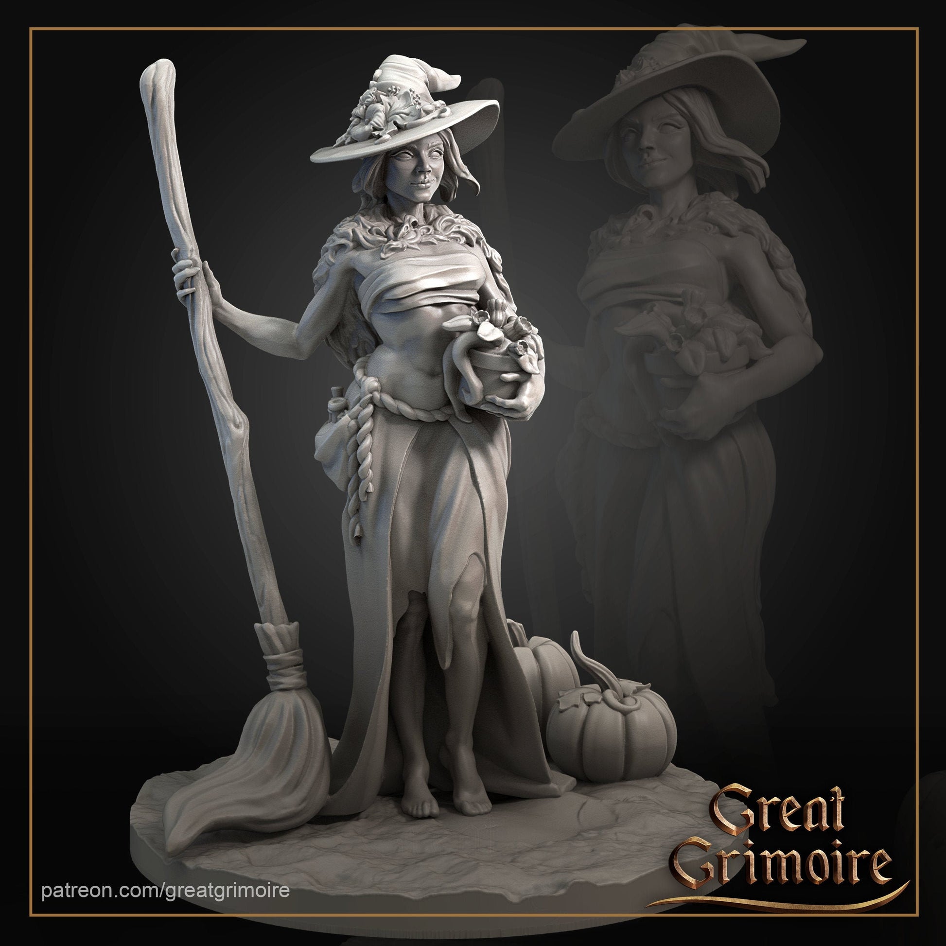 Witch Miniature, Amber | Tabletop RPG Miniature | Great Grimoire | Roleplaying 3D Printed Fantasy Mini - 3DPrintDen