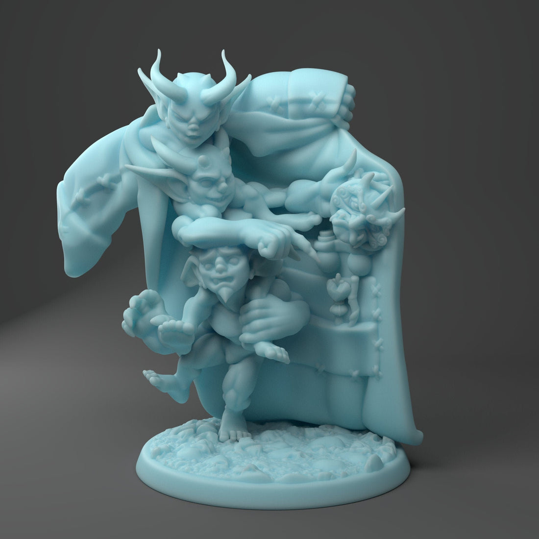 3 Imps in a Trench Coat Miniature | Twin Goddess Miniatures | Tabletop RPG Miniature | Roleplaying 3D Printed Fantasy Mini - 3DPrintDen