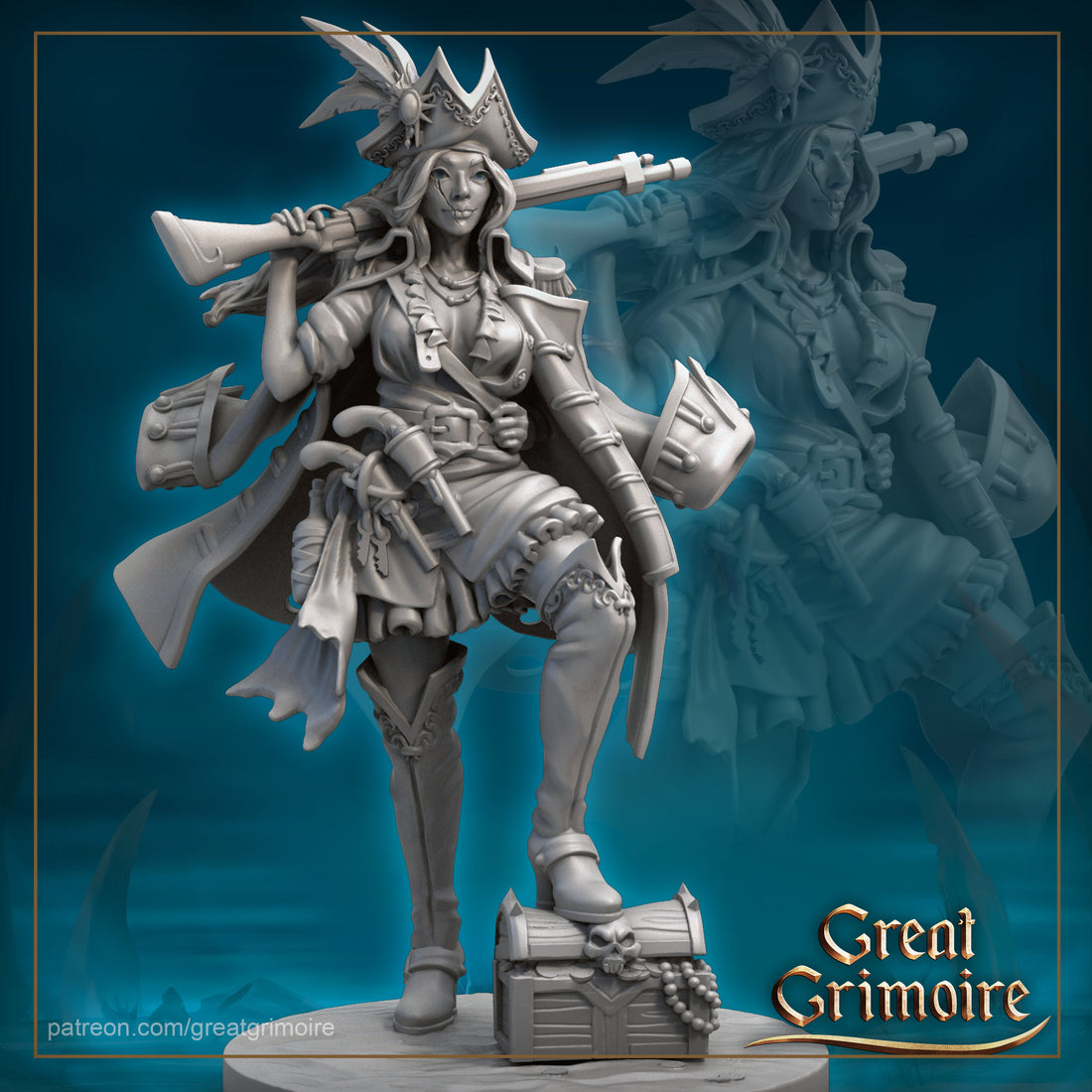 Female Pirate Miniature, Captain Red Fox | Tabletop RPG Miniature | Great Grimoire | Roleplaying 3D Printed Fantasy Mini - 3DPrintDen