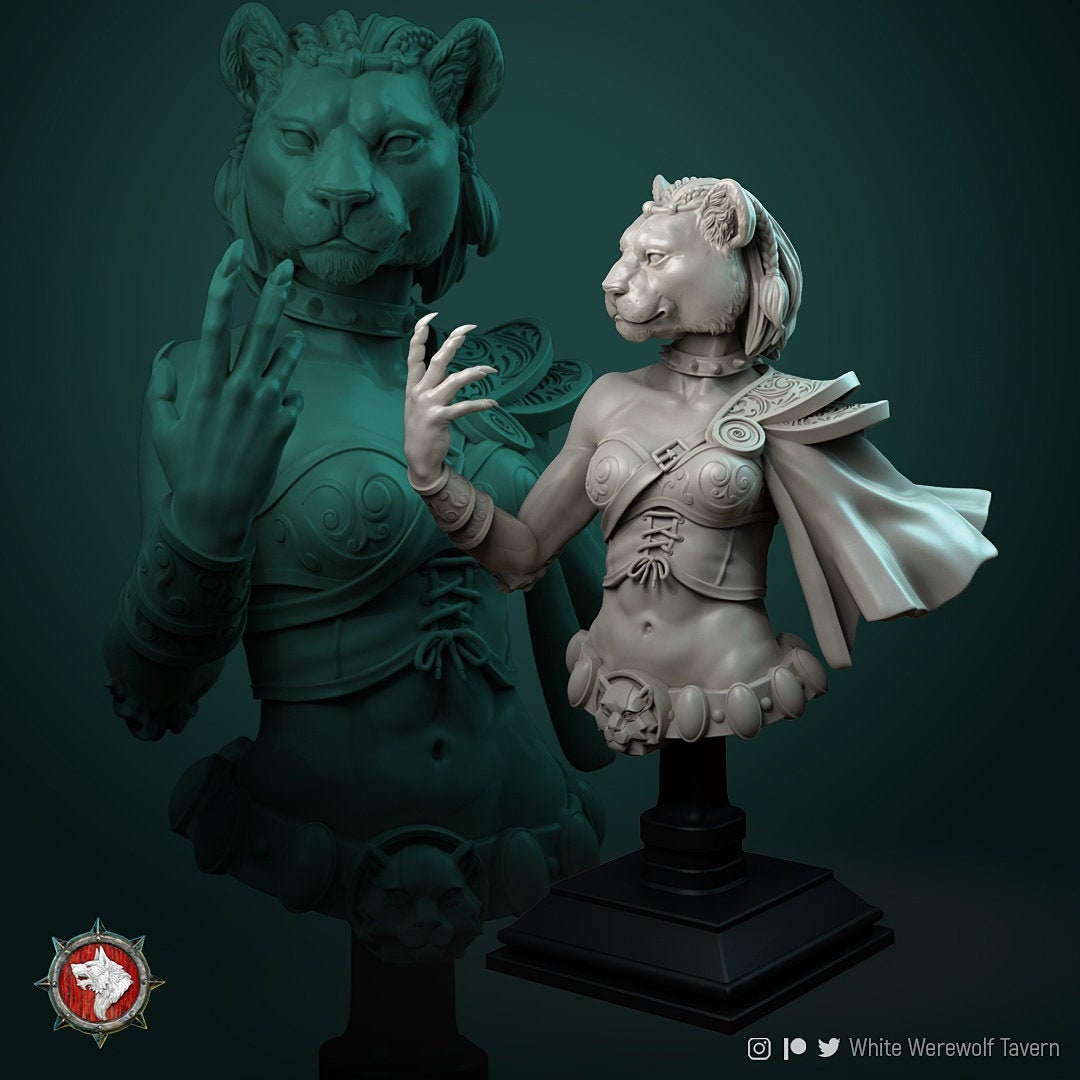 Female Tabaxi Bust, Auria | Tabletop RPG Miniature | White Werewolf Tavern | Roleplaying 3D Printed Fantasy Mini - 3DPrintDen