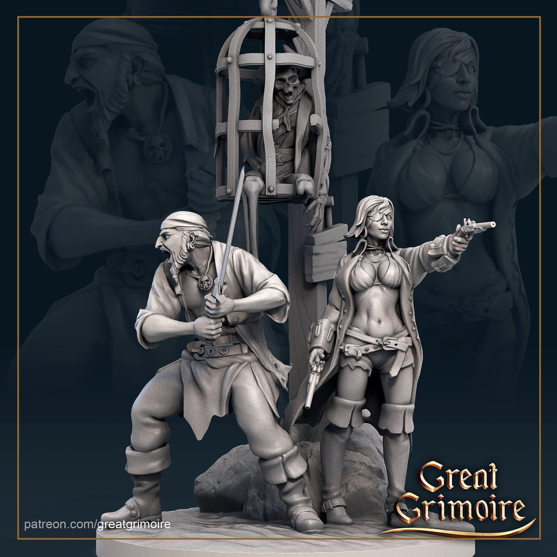 Pirate Siblings Diorama | Tabletop RPG Miniature | Great Grimoire | Roleplaying 3D Printed Fantasy Mini - 3DPrintDen