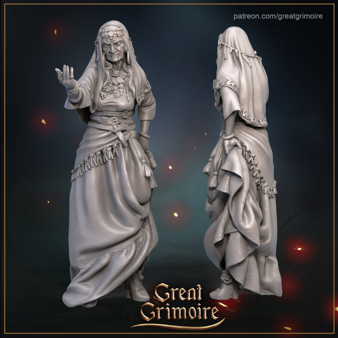 Fortune Teller Miniature, Madame Astra | Tabletop RPG Miniature | Great Grimoire | Roleplaying 3D Printed Fantasy Mini - 3DPrintDen