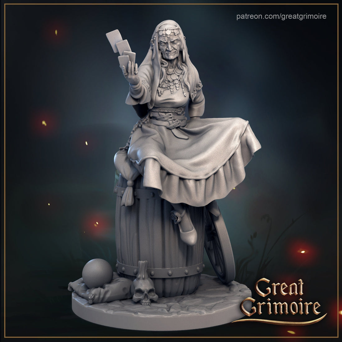 Fortune Teller Miniature, Madame Astra | Tabletop RPG Miniature | Great Grimoire | Roleplaying 3D Printed Fantasy Mini - 3DPrintDen