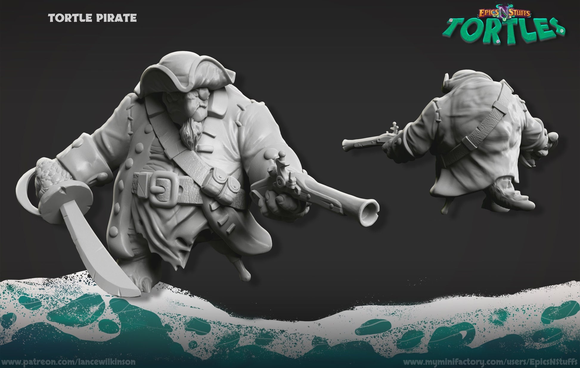 Tortle Pirate Miniature | Tabletop RPG Miniature | Epic 'N' Stuff | Roleplaying 3D Printed Fantasy Mini - 3DPrintDen