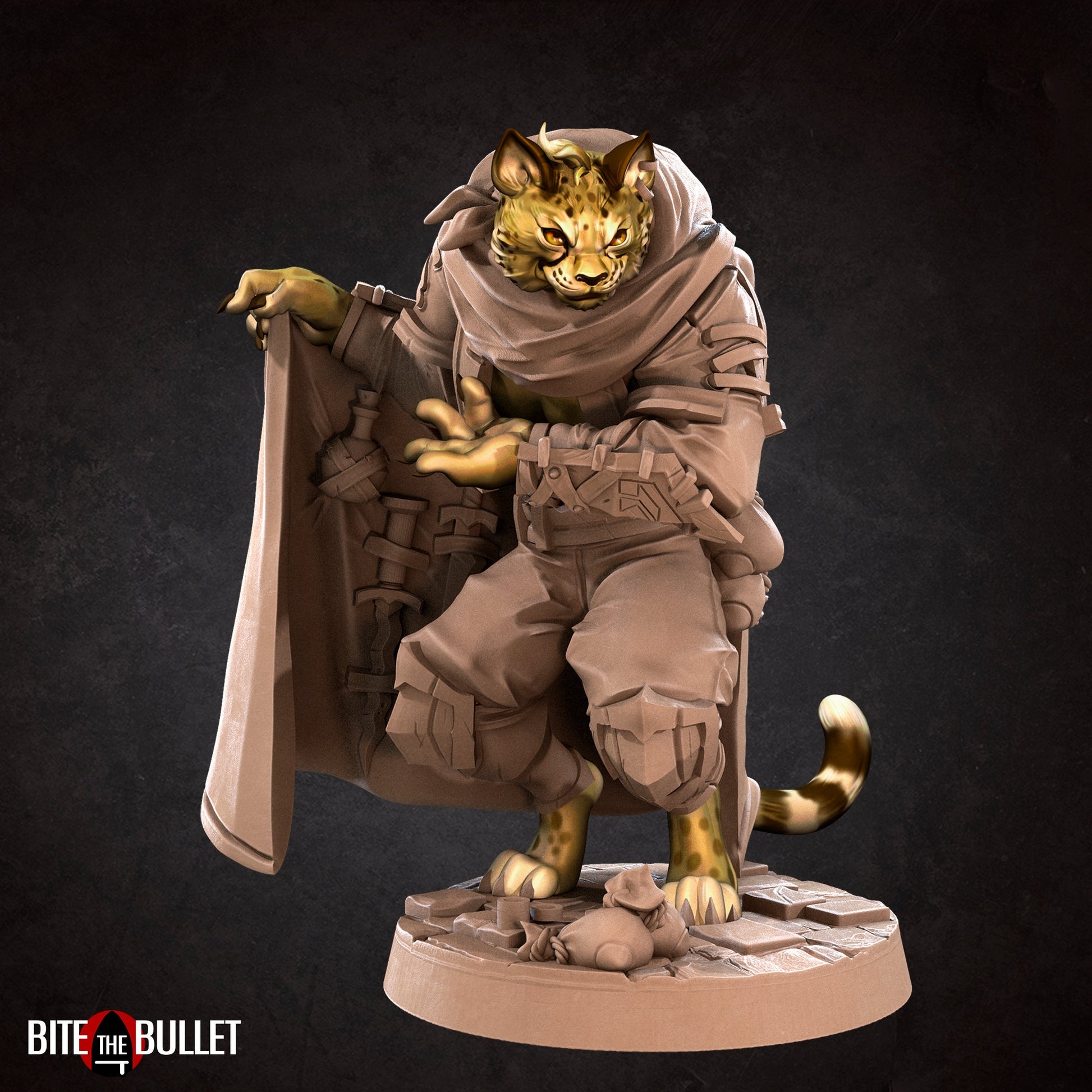 Tabaxi Smuggler Miniature, Cheat | Tabletop RPG Miniature | Bite the Bullet | Roleplaying 3D Printed Fantasy Mini - 3DPrintDen