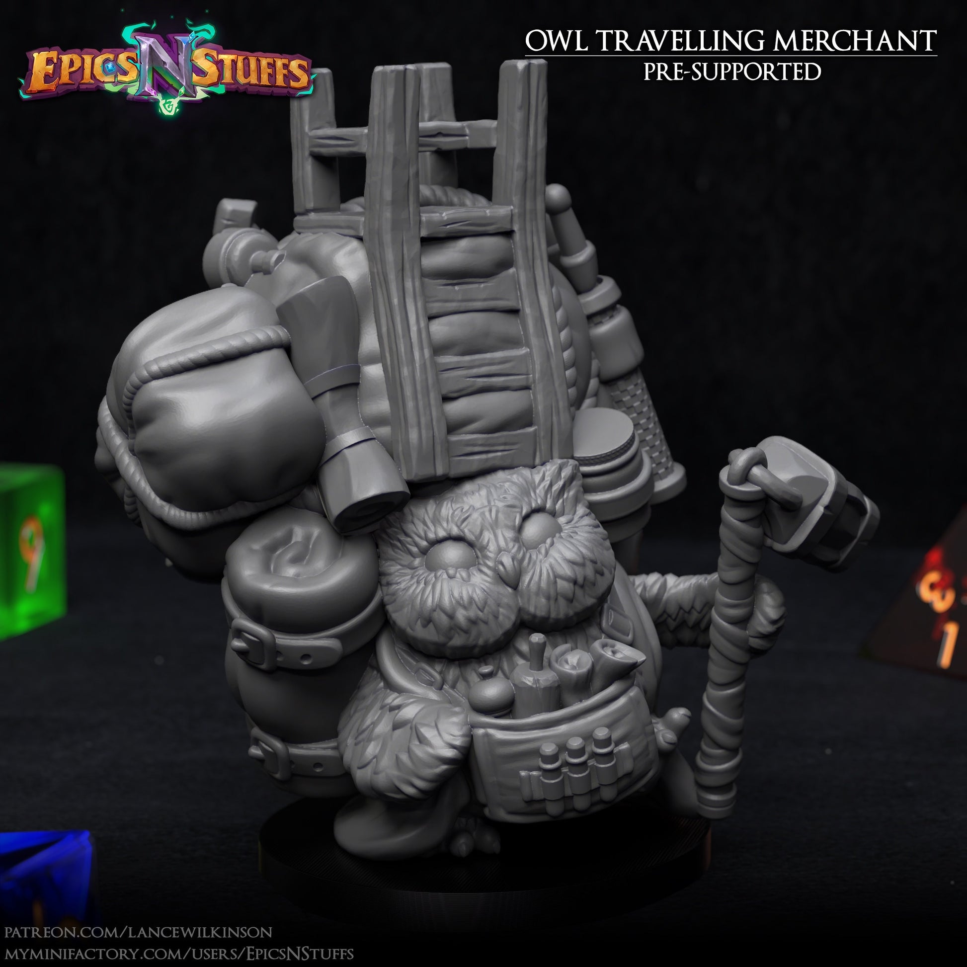 Owl Traveling Merchant Miniature | Tabletop RPG Miniature | Epic 'N' Stuff | Roleplaying 3D Printed Fantasy Mini - 3DPrintDen