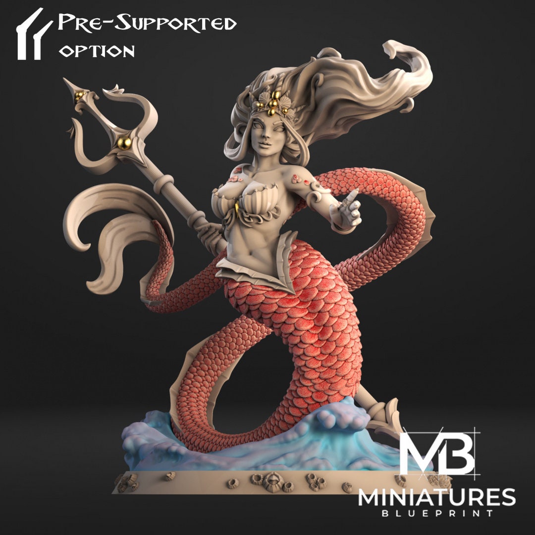 Mermaid Fighter Miniature, Naolia | Tabletop RPG Miniature | Miniatures Blueprint | Roleplaying 3D Printed Fantasy Mini - 3DPrintDen