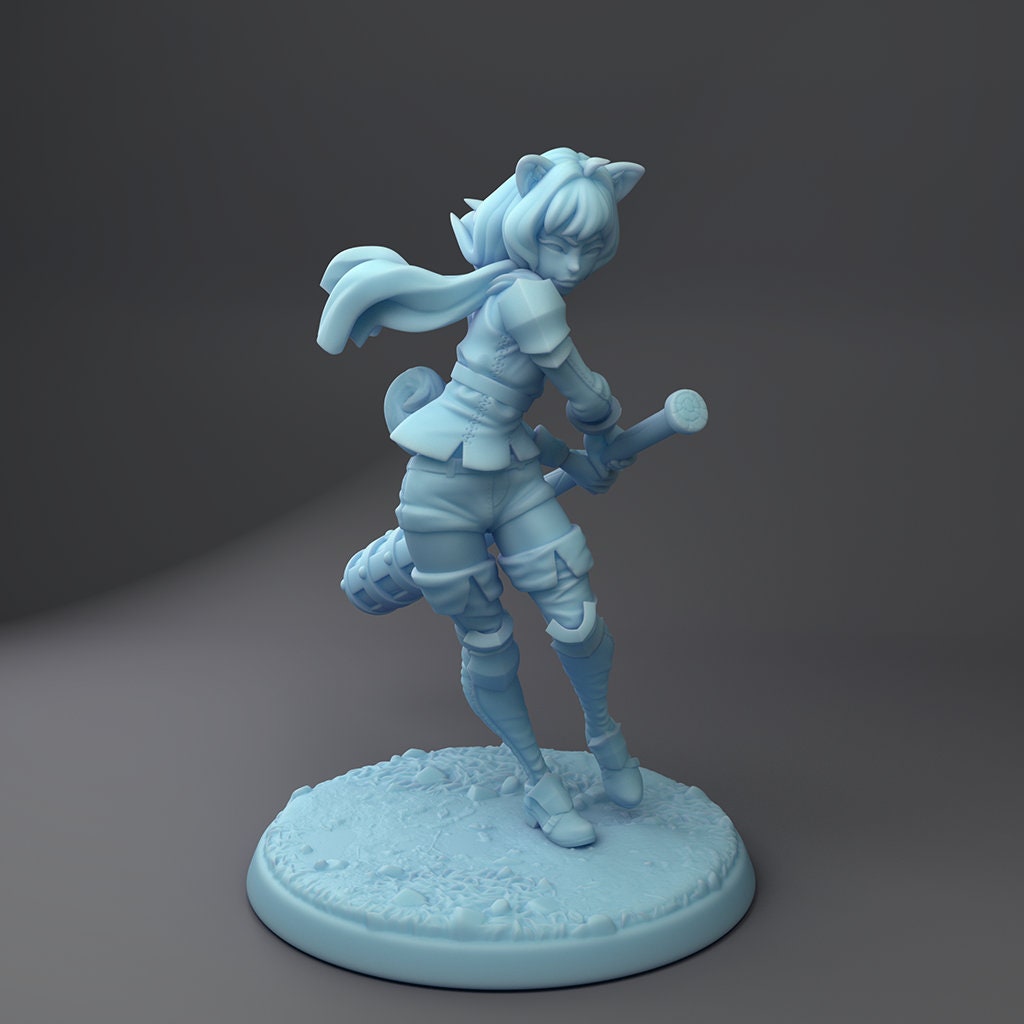 Catgirl Warrior Miniature | Twin Goddess Miniatures | Tabletop RPG Miniature | Roleplaying 3D Printed Fantasy Mini - 3DPrintDen