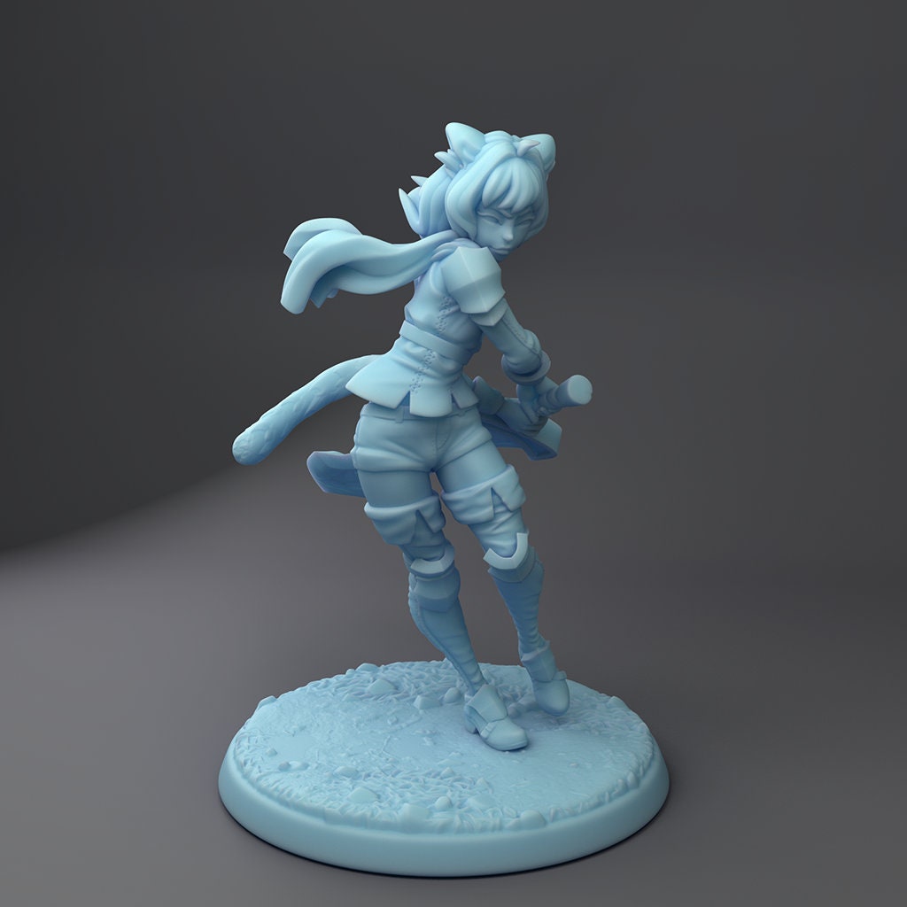 Catgirl Warrior Miniature | Twin Goddess Miniatures | Tabletop RPG Miniature | Roleplaying 3D Printed Fantasy Mini - 3DPrintDen