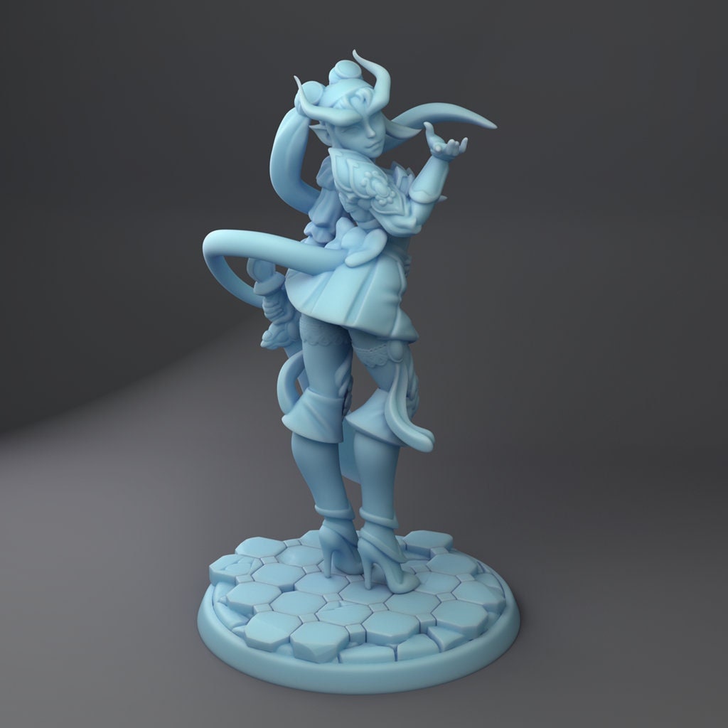 Female Tiefling Fighter Miniature | Twin Goddess Miniatures | Tabletop RPG Miniature | Roleplaying 3D Printed Fantasy Mini - 3DPrintDen