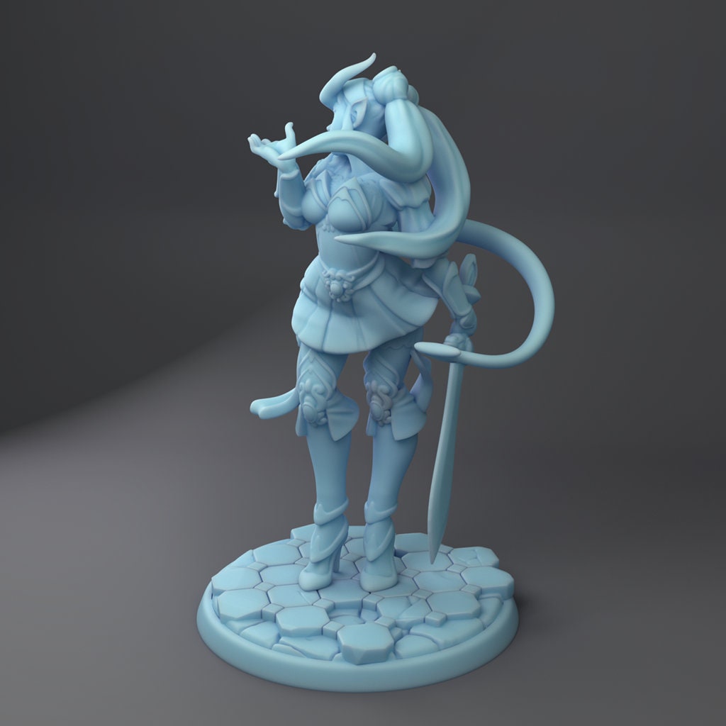 Female Tiefling Fighter Miniature | Twin Goddess Miniatures | Tabletop RPG Miniature | Roleplaying 3D Printed Fantasy Mini - 3DPrintDen