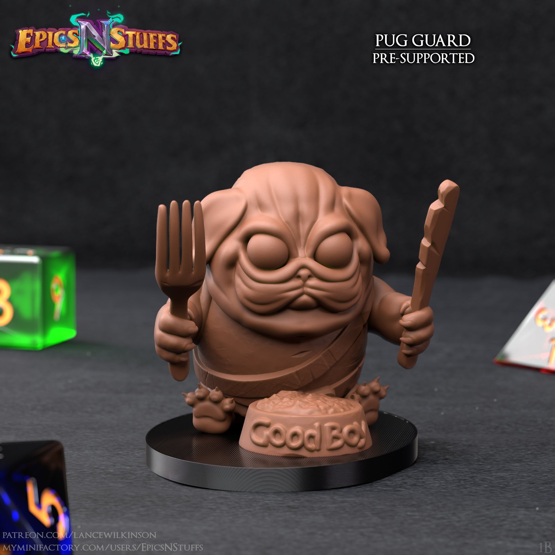 Pug Guard Miniature | Tabletop RPG Miniature | Epic 'N' Stuff | Roleplaying 3D Printed Fantasy Mini - 3DPrintDen