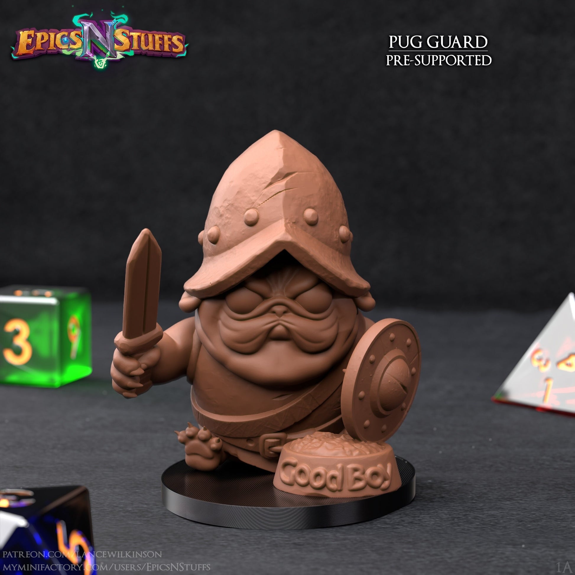 Pug Guard Miniature | Tabletop RPG Miniature | Epic 'N' Stuff | Roleplaying 3D Printed Fantasy Mini - 3DPrintDen