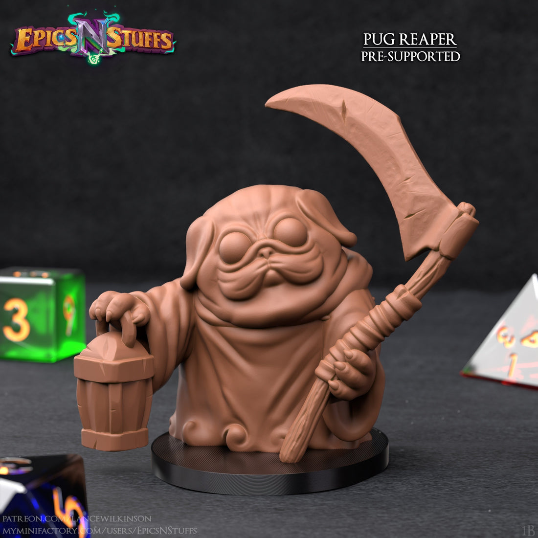 Pug Reaper Miniature | Tabletop RPG Miniature | Epic 'N' Stuff | Roleplaying 3D Printed Fantasy Mini - 3DPrintDen