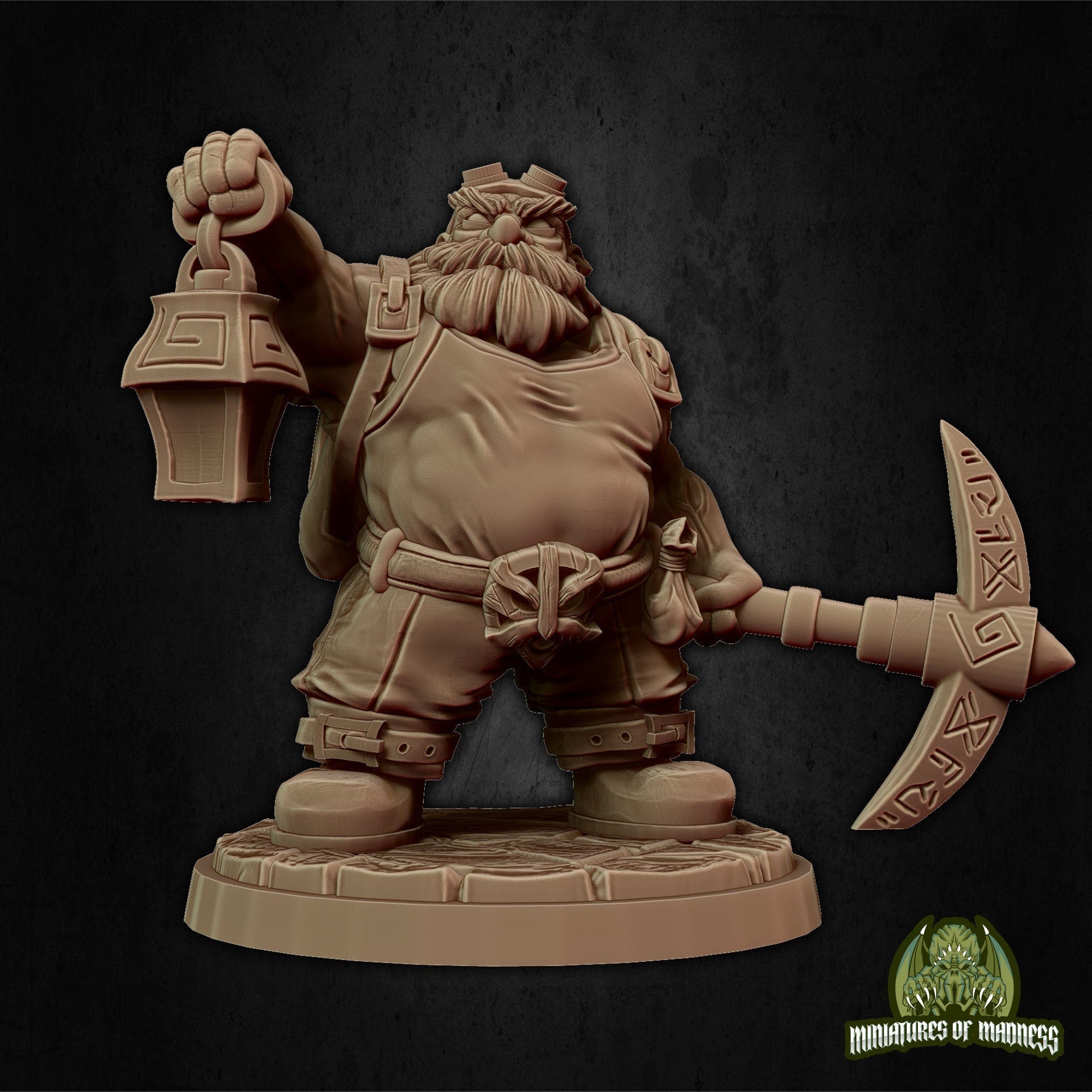 Dwarf Miner Miniature, Rufus Breakrock | Tabletop RPG Miniature | Miniatures of Madness | Roleplaying 3D Printed Fantasy Mini - 3DPrintDen