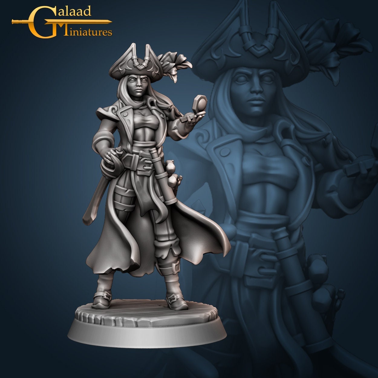 Female Pirate Captain Miniature | Tabletop RPG Miniature | Galaad Miniatures | Roleplaying 3D Printed Fantasy Mini - 3DPrintDen