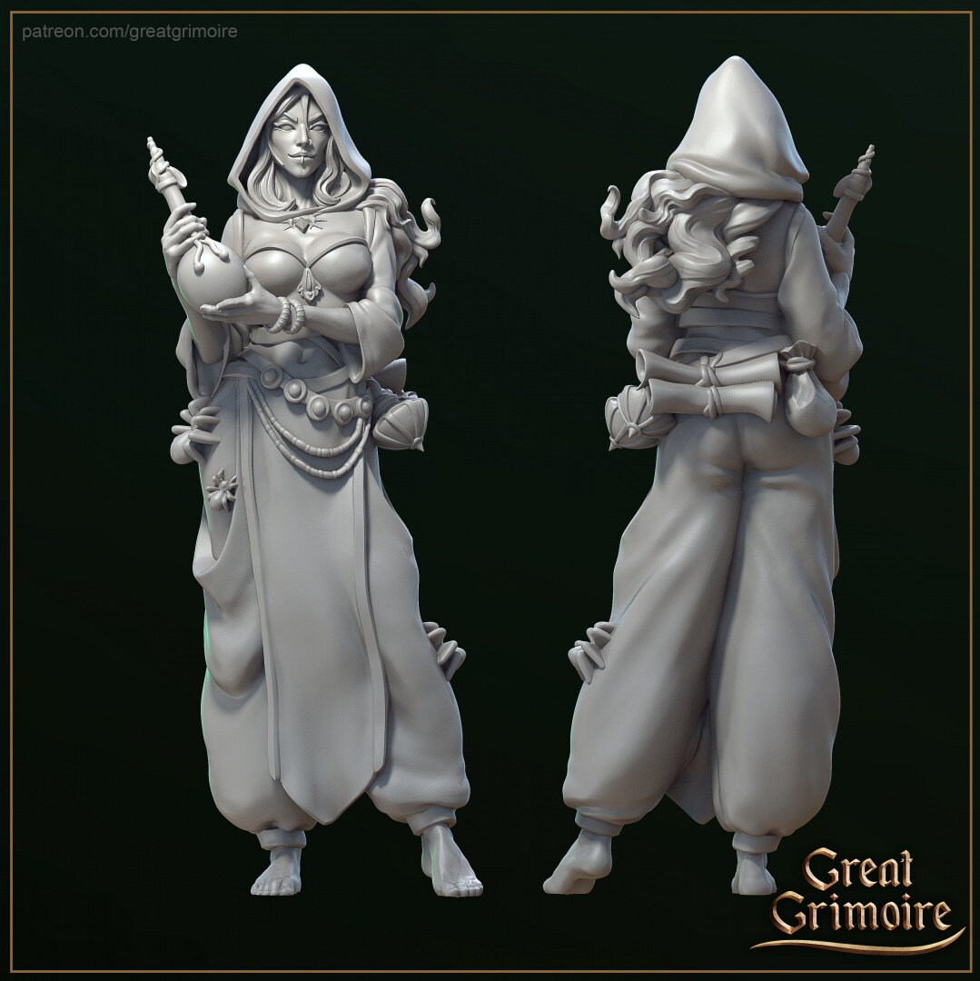 Potion Merchant Miniature, Lady Naya | Tabletop RPG Miniature | Great Grimoire | Roleplaying 3D Printed Fantasy Mini - 3DPrintDen