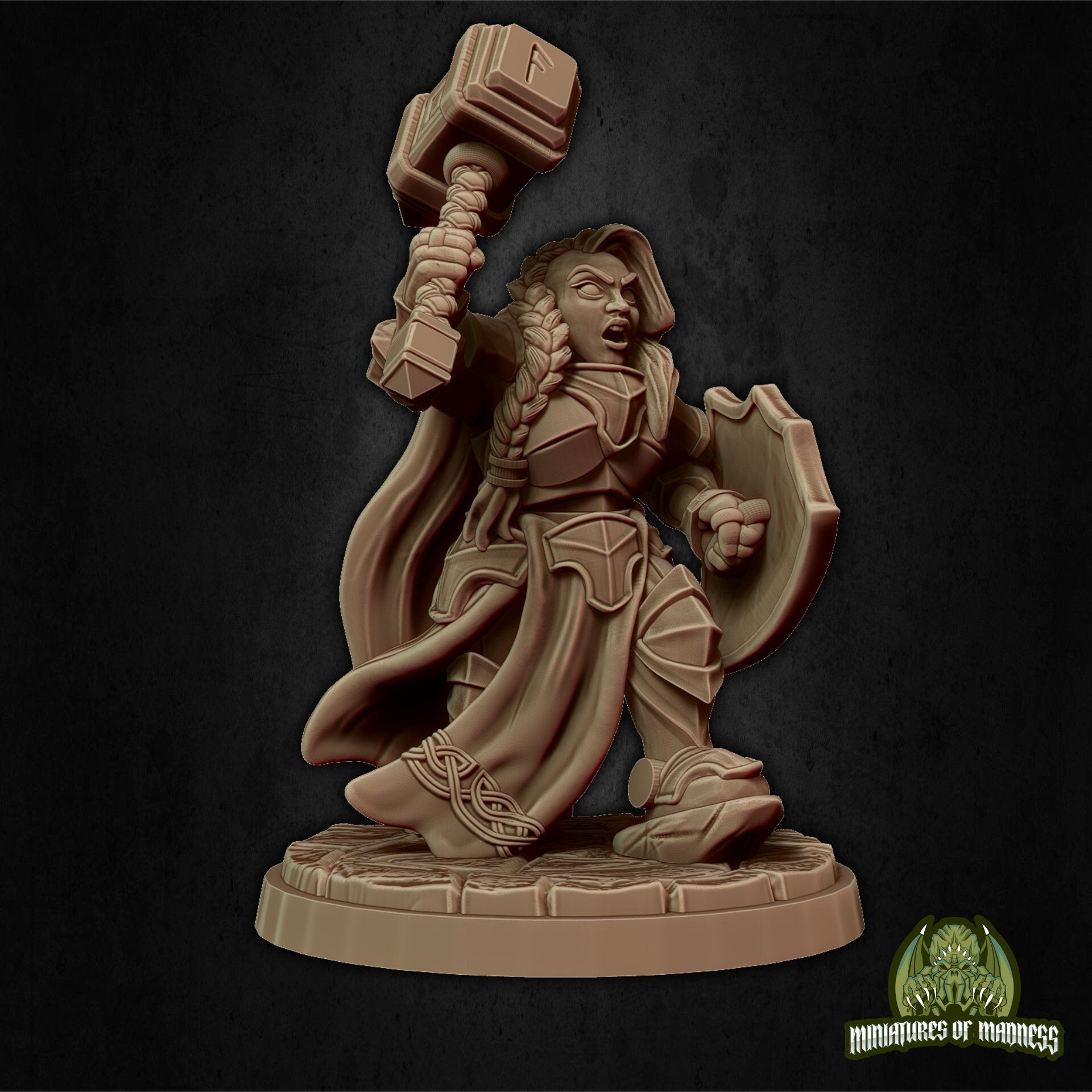 Female Dwarf Paladin Miniature, Bryna the Indomitable | Tabletop RPG Miniature | Miniatures of Madness | Roleplaying 3D Printed Fantasy Mini - 3DPrintDen