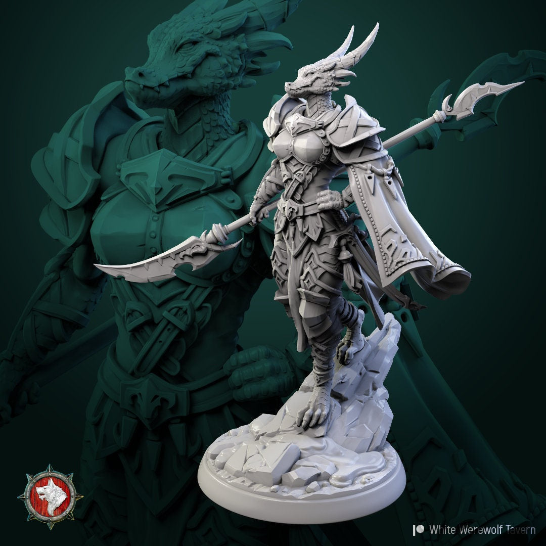 Female Dragonborn Knight Miniature, Arsha | Tabletop RPG Miniature | White Werewolf Tavern | Roleplaying 3D Printed Fantasy Mini - 3DPrintDen