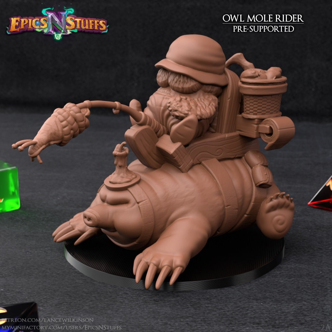 Owl Mole Rider Miniature | Tabletop RPG Miniature | Epic 'N' Stuff | Roleplaying 3D Printed Fantasy Mini - 3DPrintDen