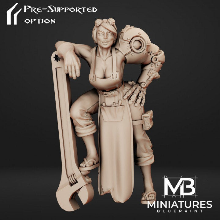 Female Steampunk Mechanic Miniature, Maggie | Tabletop RPG Miniature | Miniatures Blueprint | Roleplaying 3D Printed Fantasy Mini - 3DPrintDen