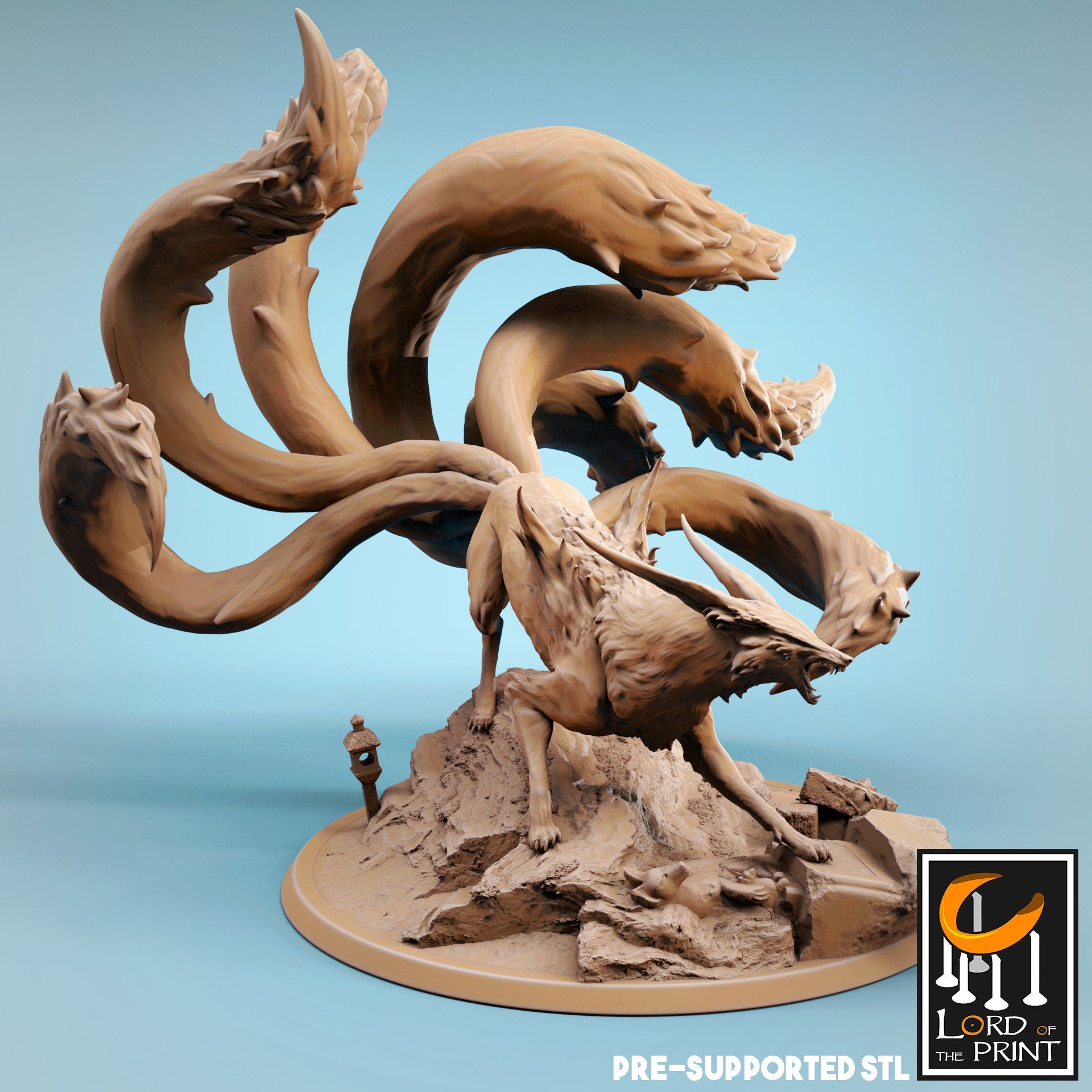 Ninetail Fox Spirit Miniature | Tabletop RPG Miniature | Rescale Miniature | Roleplaying 3D Printed Fantasy Mini - 3DPrintDen