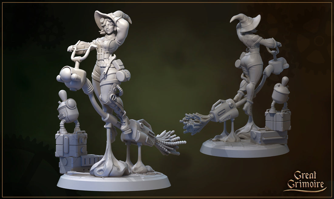 Steampunk Witch Miniature, Ginger | Tabletop RPG Miniature | Great Grimoire | Roleplaying 3D Printed Fantasy Mini - 3DPrintDen