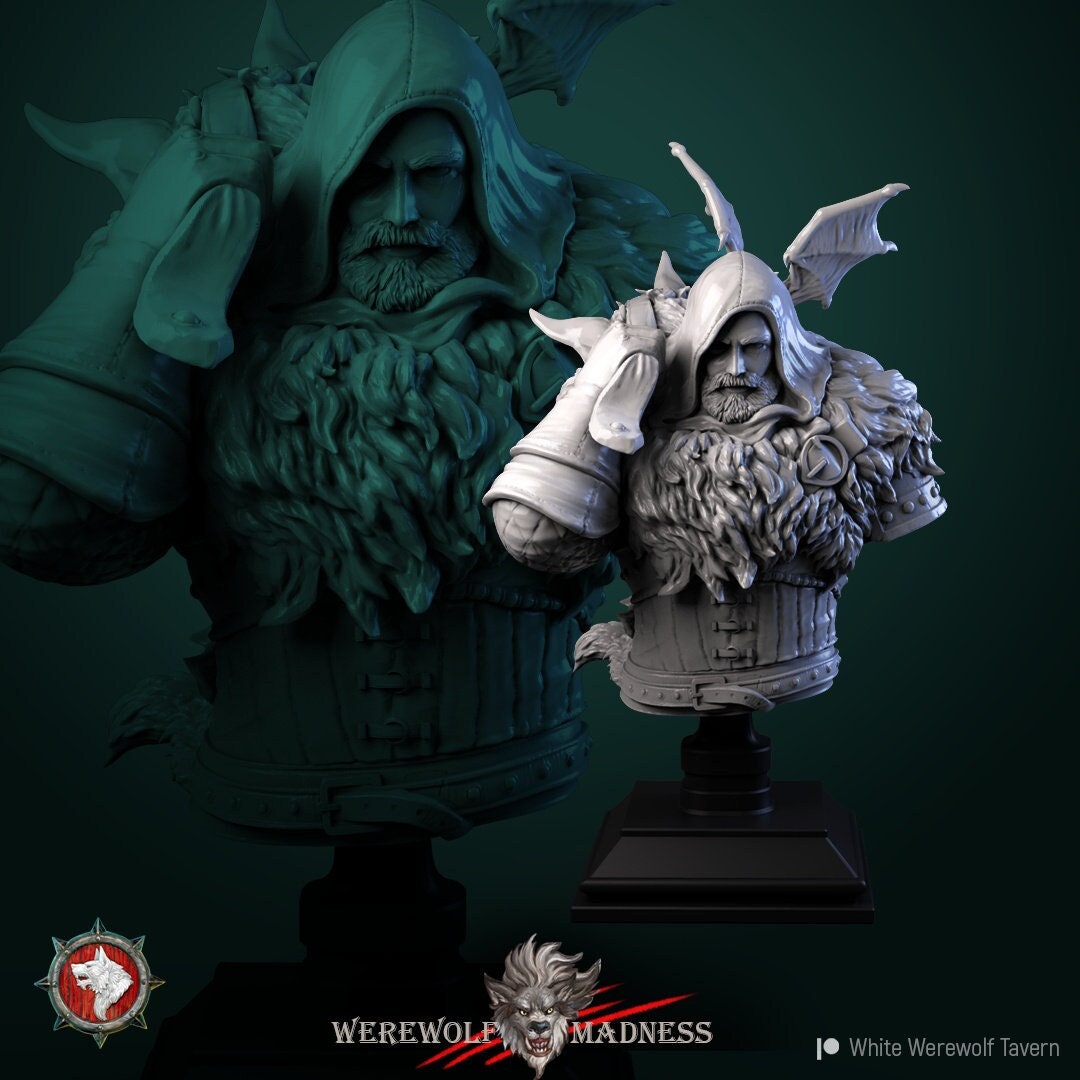 Werewolf Hunter Bust, Waclaw | Tabletop RPG Miniature | White Werewolf Tavern | Roleplaying 3D Printed Fantasy Mini - 3DPrintDen