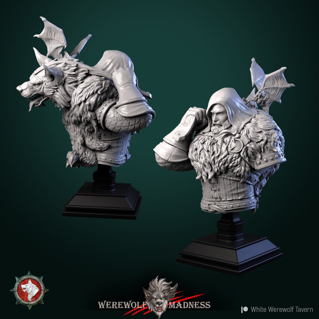 Werewolf Hunter Bust, Waclaw | Tabletop RPG Miniature | White Werewolf Tavern | Roleplaying 3D Printed Fantasy Mini - 3DPrintDen