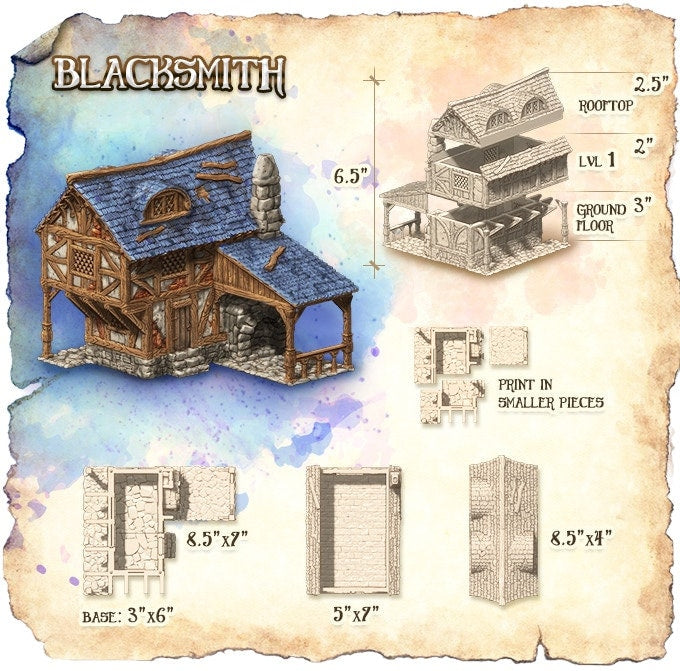 Blacksmith Medieval Building | Roleplaying 3D Printed Fantasy Scenery | Black Scrolls Games | Miniature Building Terrain TTRPG - 3DPrintDen