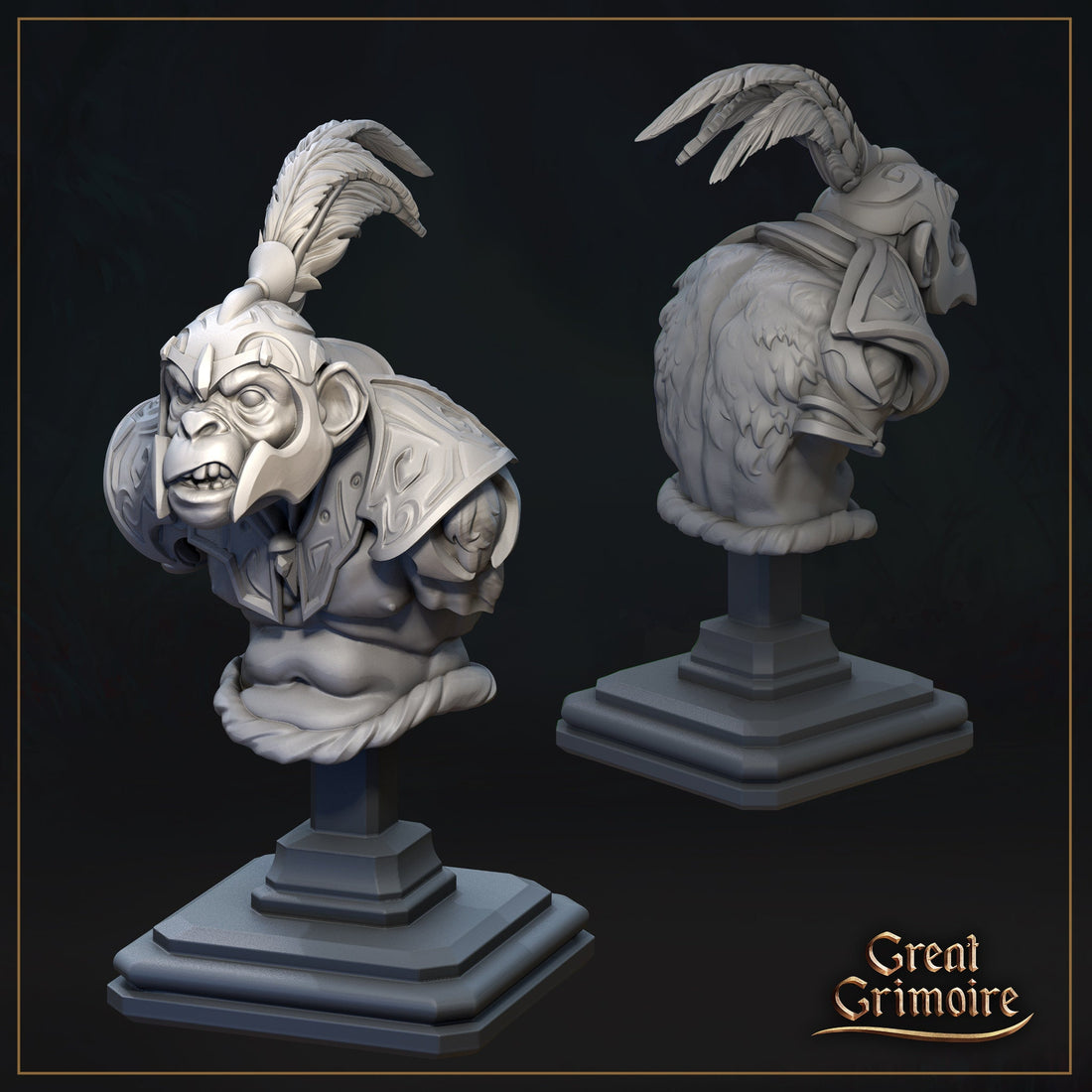 Monkey Warrior Bust | Tabletop RPG Miniature | Great Grimoire | Roleplaying 3D Printed Fantasy Mini - 3DPrintDen