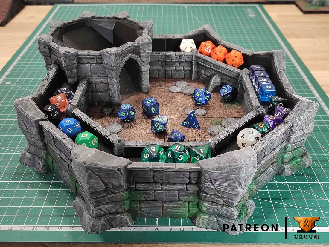 Dice Arena Dice Tower 3D Printed | Makers Anvil | Roleplaying 3D Printed Fantasy Scenery | Miniature Building Terrain TTRPG - 3DPrintDen