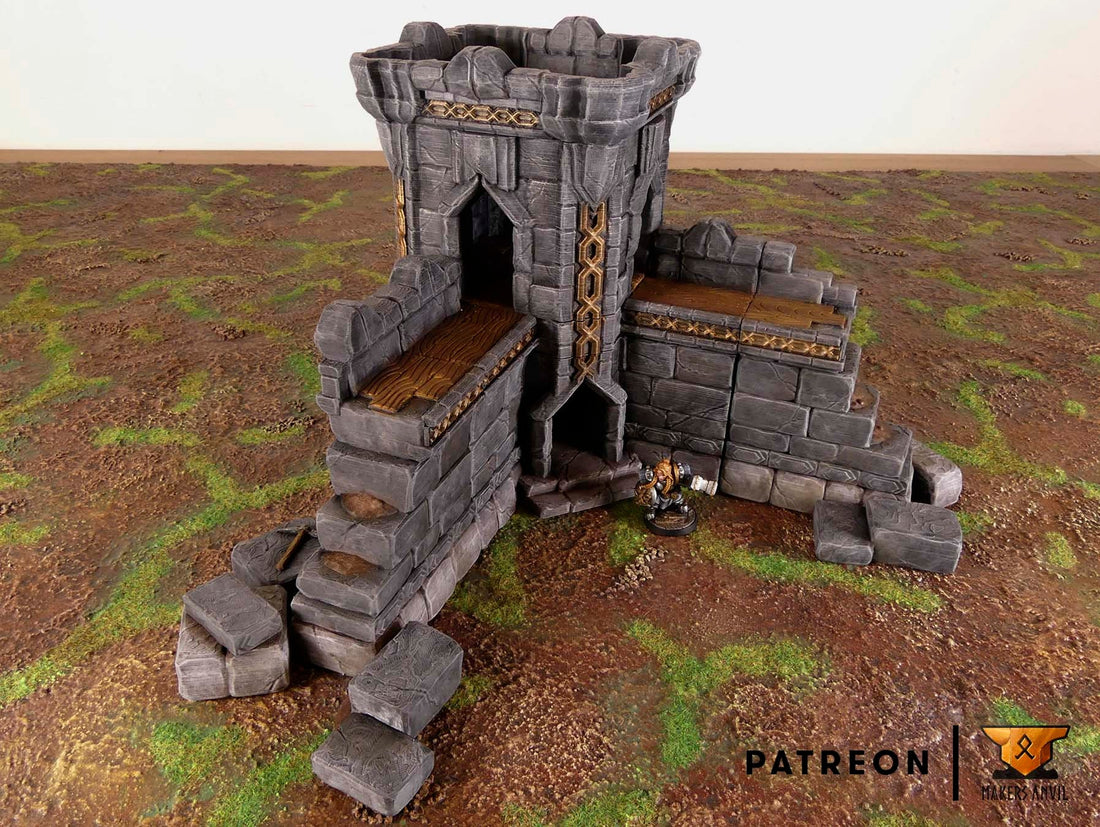 Dwarf Wall Tower Terrain Scenery | Makers Anvil | Roleplaying 3D Printed Fantasy Scenery | Miniature Building Terrain TTRPG - 3DPrintDen