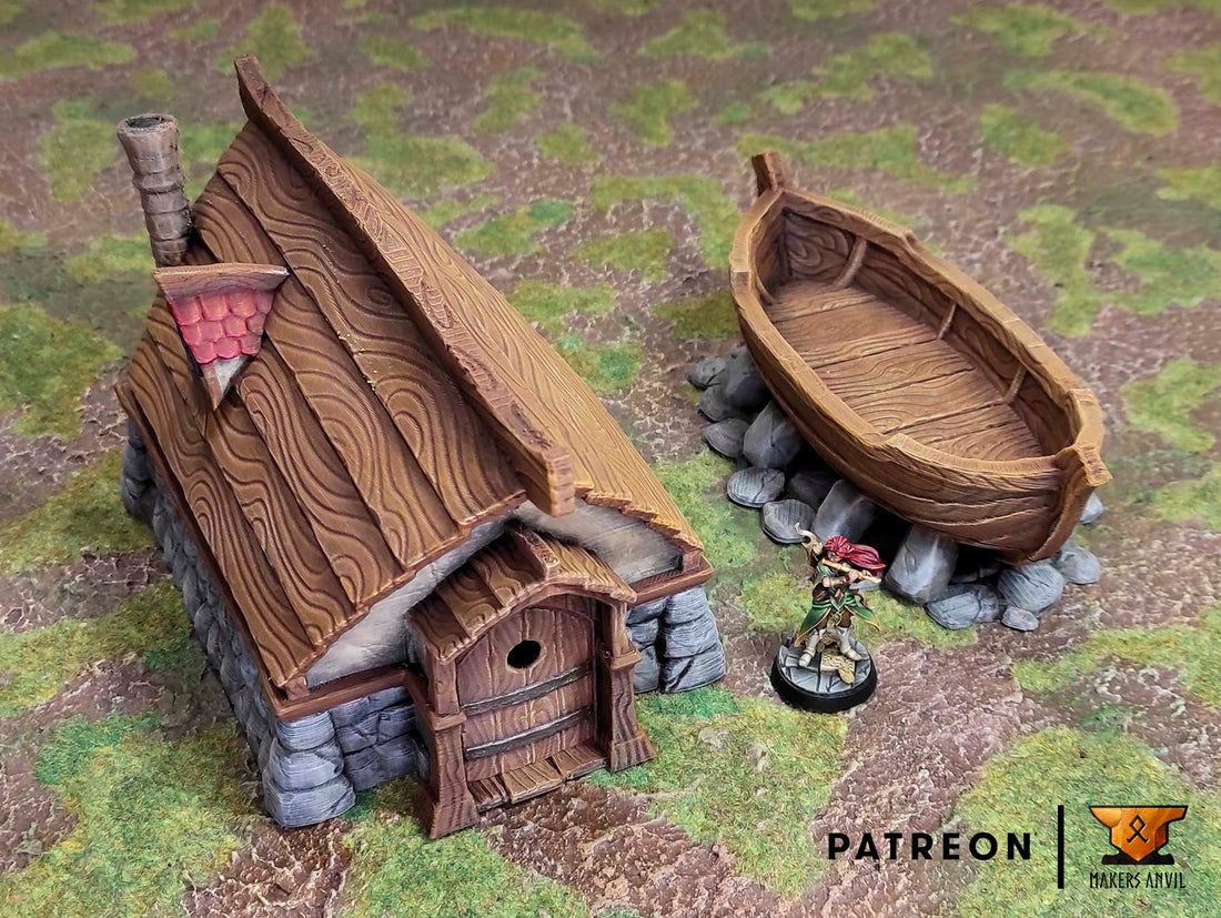 Fisherman Hut and Boat Terrain Scenery | Makers Anvil | Roleplaying 3D Printed Fantasy Scenery | Miniature Building Terrain TTRPG - 3DPrintDen