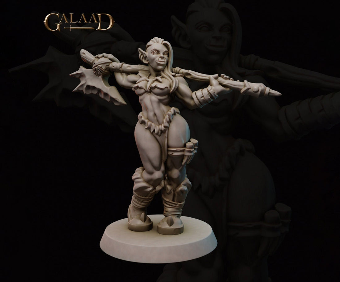 Female Orc Warrior Pinup Miniature | Tabletop RPG Miniature | Galaad Miniatures | Roleplaying 3D Printed Fantasy Mini - 3DPrintDen